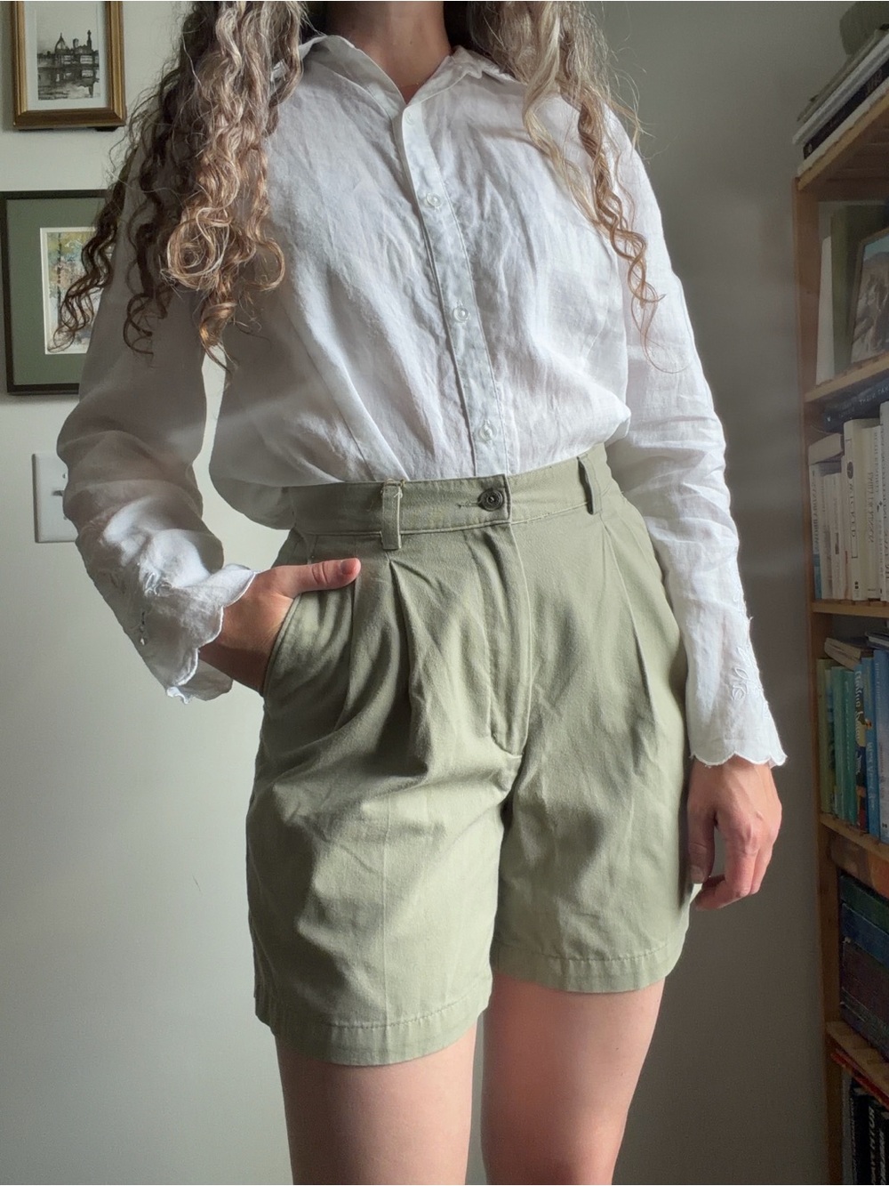 L.L. Bean Green High-Waist Pleated Chino Shorts